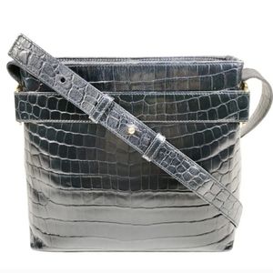 🔥Salvatore Ferragamo Leather Croc Embossed Black Shoulder Bag